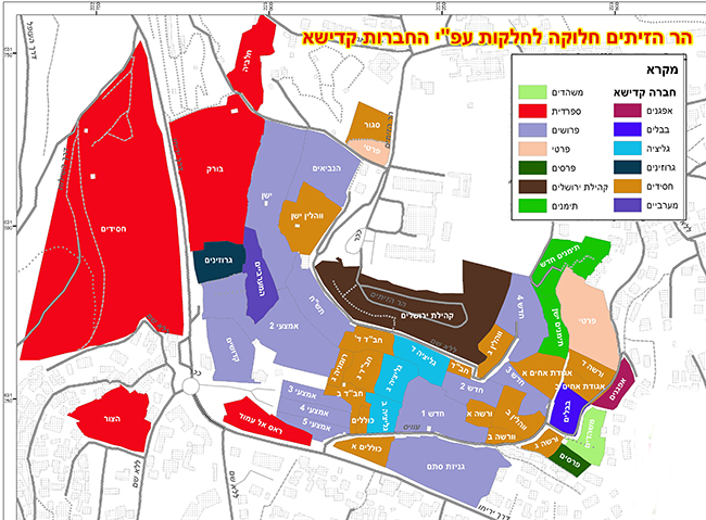 מפה: חלוקת החלקות בבית הקברות הר הזיתים, לפי החברות קדישא. מקור: ויקיפדיה